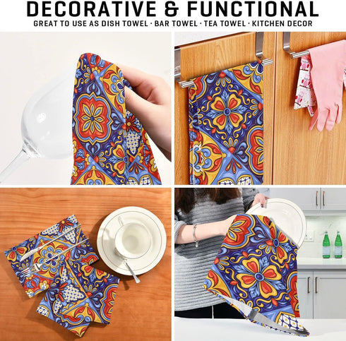 STAYTOP Mexican Talavera Ceramic Tile Pattern Kitchen Towels Set of 4, Super Soft and Strong Absorption Multifunctional Table and Tea Towels, 28x1...