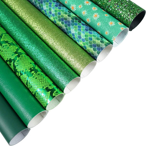8 Pieces 8x12 Inch Faux Leather Sheets Green Fine Chunky Glitter Metallic Litchi Skin Texture Mermaid Scale Daisy Snake Texture Leather for Bows E...