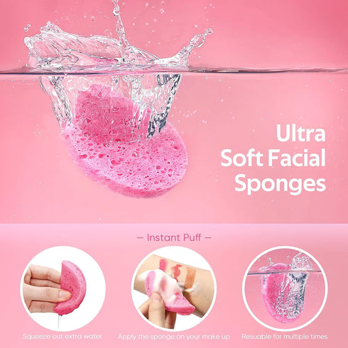 50-Count Compressed Facial Sponges with Storage Container, for Facial Cleansing, Reusable Makeup Remover, Portable, Suitable for Travel, Pink...