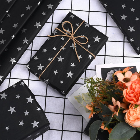Bolsome 120 Sheets 20 * 14 Inches Black Tissue Paper with Silver Stars, Black Silver Tissue Paper for Gift Wrapping, Silver Stars Tissue Paper for...