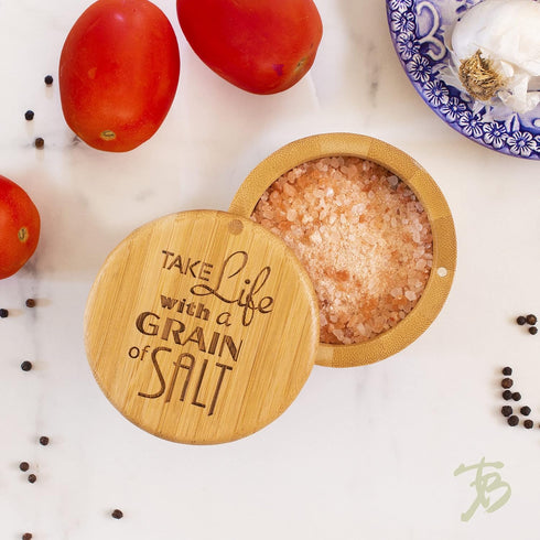 Totally Bamboo Salt Cellar Bamboo Storage Box with Magnetic Swivel Lid, 6 Ounce Capacity, "Take Life with a Grain of Salt" Engraved on Lid...