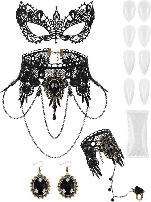 WILLBOND Halloween Gothic Costume Choker Set Vampire Lace Choker Necklace Retro Face Cover, Bracelet, Earrings and Vampire Teeth Fangs for Hallowe...