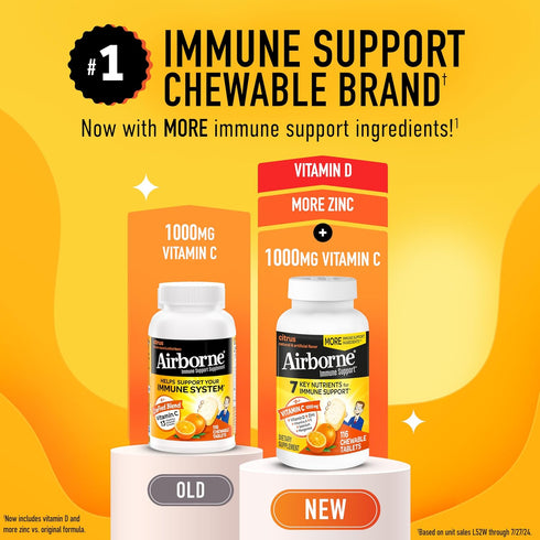 Airborne Vitamin C 1000mg (per Serving) - Citrus Chewable Tablets (116 Count in a Bottle), Gluten-Free Immune Support Supplement, with Vitamins A ...