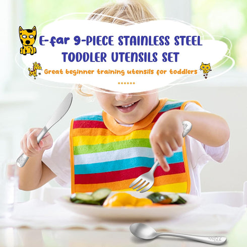 E-far 9-Piece Toddler Utensils, Stainless Steel Kids Silverware for Baby Self Feeding, Includes Toddler Forks Spoons Knife with Cute Animal Patter...