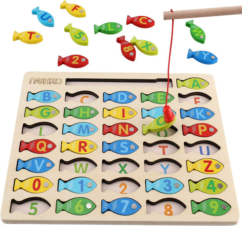 Magnetic Wooden Fishing Game Toy for Toddlers, Alphabet Fish Catching Counting Games Puzzle with Numbers and Letters, Preschool Learning ABC Math ...