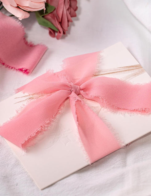 Chiffon Ribbon, Hot Pink Pastel Pink 1.5''x21Yd Frayed Fringe Silk Ribbon for Gift Wrapping, Handmade Ribbons for Floral Vase Decoration, Wedding,...