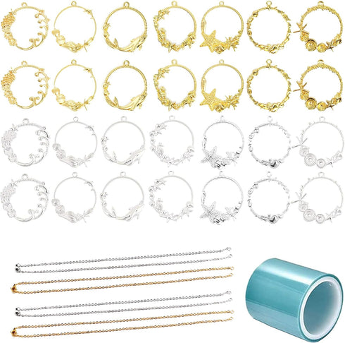 Allazone 35 PCS Open Bezel Charms, 28 PCS Sea Theme Open Bezels for Resin 7 Style Alloy Frame Pendants 2 Color Hollow Resin Frames with Necklace f...