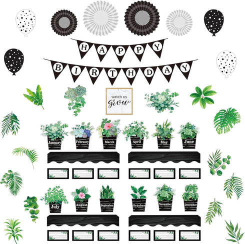 95 Pcs Happy Birthday Bulletin Board Set Boho Plant Birthday Calendars Pocket Chart Bulletin Board Decor Eucalyptus Birthday Classroom Decorations...