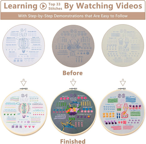 Dortusen 3 Sets Beginner Embroidery Kit for Adults Learn Different Stitches DIY Kits Includes Embroidery Tools Easy to Follow Instruction......