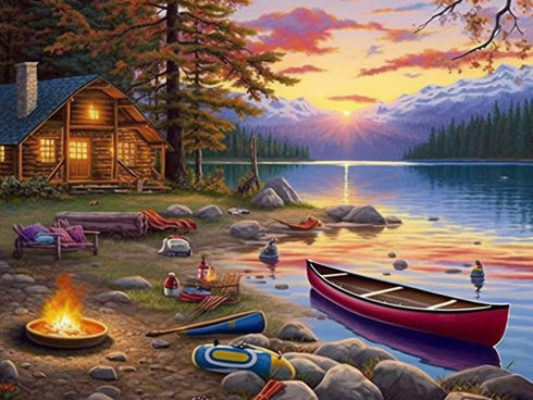 SKRYUIE 5D Sunset Lake Cabin Boat Diamond Art Painting Kit - DIY Diamond Art Landscape, Full Round Drill - Crystal Embroidery Cross Stitch - Adult...