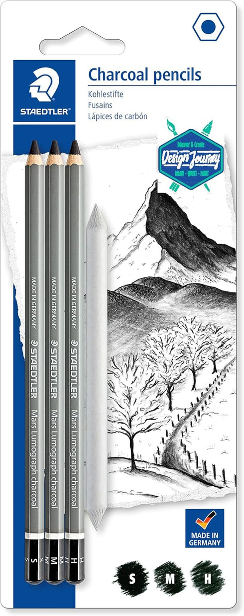 Staedtler Mars Lumograph Charcoal Pencils, Blister Pack of 3 Drawing Pencils (H, M, S) + 1 Blending Stump...