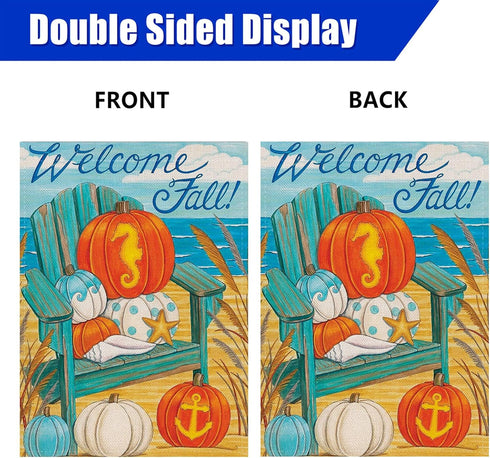 Welcome Fall Garden Flag Home Decorative Blue White Pumpkin House Yard Outside Beach Small Flag Autumn Nautical Seahorse Coastal Decoration Ocean ...