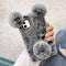 LUVI for iPhone 12 Plush Furry Case Fuzzy Fluffy Ball Rabbit Faux Fur Hair Cute Cartoon Bear Ear with Bling Glitter 3D Diamond Bowknot Camera Prot...
