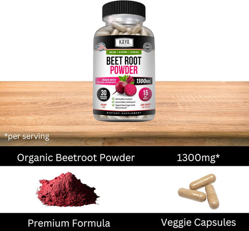 Kaya Naturals Premium Organic Beet Root Powder Supplements - Promotes Healthy Circulation and Nitric Oxide Flow - Non-GMO and Gluten Free - 30 Cou...