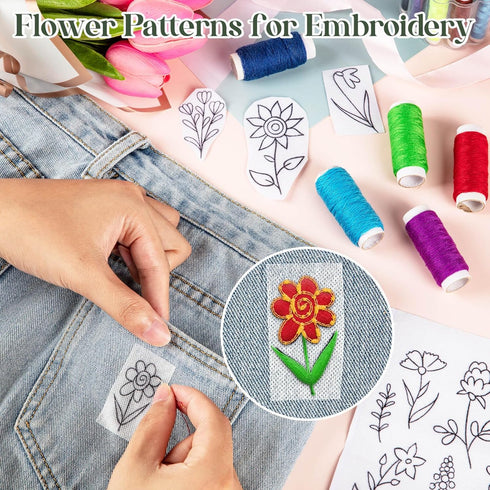 Flower Embroidery Transfer Patterns, 56 Pcs Water Soluble Stabilizer for Embroidery Paper Patch Adhesive Tear Away Embroidery Stabilizer for Hand ...