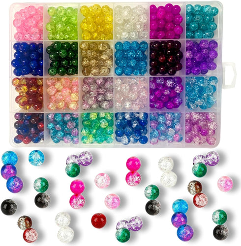 600pcs Crackle Glass Beads Set (8mm), 24-Grid Multicoloured Round Handcrafted Crack Lampwork Beads Assortment for DIY Bracelet Necklace Findings B...