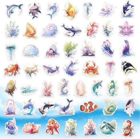 100PCS Ocean Stickers, Cute Sea Creature Aesthetic Decals Vinyl Waterproof Stickers for Water Bottle Laptop Luggage Helmet Skateboard Snowboard Gu...