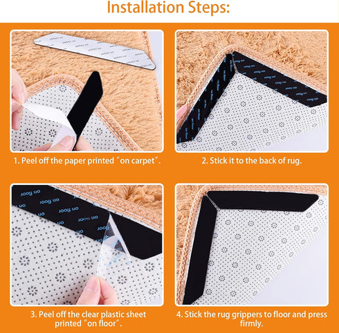 8 pcs Rug Tape, Non Slip Reusable Washable Rug Grippers for Area Rugs, Floor Mats, Hardwood Floors, Tile Floors, Linoleum, Carpets, Black (not App...