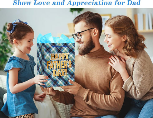 FaCraft Fathers Day Gift Bag - 13" Large Happy Fathers Day Gift Bag with Tissue Paper and Handle for Dad Stepdad Grandfather Husband First Time Da...