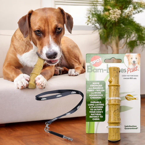 Bam Bones for Dogs Bamboo Dog Toy, Chicken Flavored Dog Chew Toys Bundle SS Pet Training Whistle - Chew Stick for Aggressive Chewers for Dogs Unde...