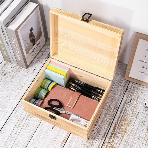 Wooden Storage Box Container with Hinged Lid and Front Clasp, 9.4'' x 7.7'' x 4.3'' Large Keepsake Box, Rustic Wood Boxes for Crafts Art Hobbies a...