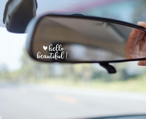 3 x Hello Beautiful Rearview Mirror Decal, Rear View Mirror Accessories, Car Decals, Car Stickers, Vanity Mirror Stickers, Gift for Him/Her - Whit...