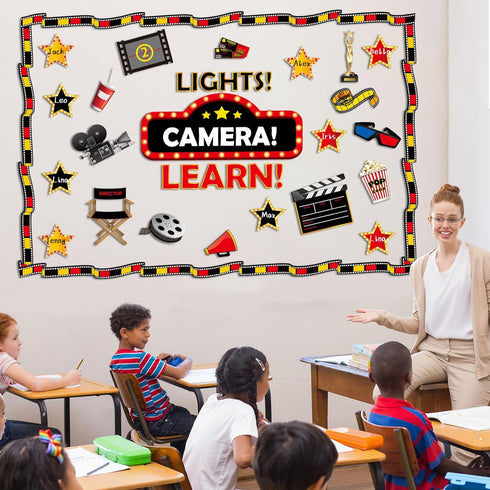 Movie Night Bulletin Board Classroom Decoration Set Motivational Movie Theme Hollywood Bulletin Boarders Movie Star Cutouts for Classroom Chalkboa...