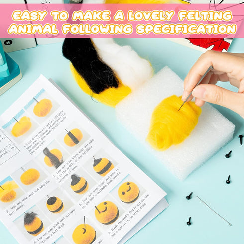 WATINC Set of 4 Cute Animal Needle Felting Starter Kit Frog Chick Bee Narwhal Animal Doll Wool Felting Tools Felt Needles Foam Mat DIY Needlework ...