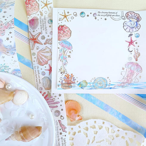 Ocean Washi Tape Set 2+5 Roll, Beach Themed Silver Foil Aesthetic Stickers Scrapbook Tape, Blue Washi Tape for journaling, Junk Journal Supplies, ...