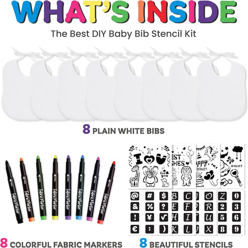Baby Bibs Set - 2 Ply Knit Terry Solid White Feeder Bibs - Kit Includes, 8 Bibs, 8 Fabric Markers, 8 Stencils, Baby Gifts - Registry For Baby - Ge...