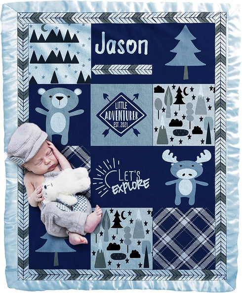 Baby Blankets with Baby' Name Year (Blue, 30x40) Woodland Animals Bear Adventure Explorer for Newborn Baby Room Nursery Christening or Baptism...