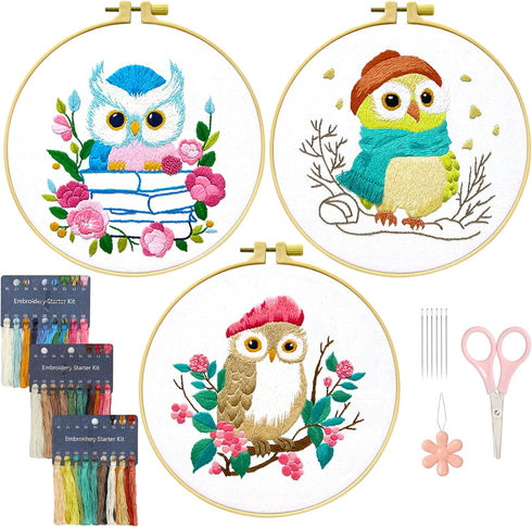 ASTNIC Embroidery Kit for Beginners, 3 Sets Owl Hand Embroidery Kit with Hoop Needle Video Step by Step Instructions DIY Knitting Kit Arts and Cra...