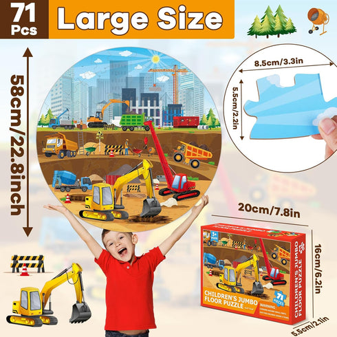 Construction Jumbo Floor Puzzle for Kids 71Pcs Construction Vehicle Large Floor Round Puzzles for Toddler Ages 3-8 Construction Truck Cars Theme D...