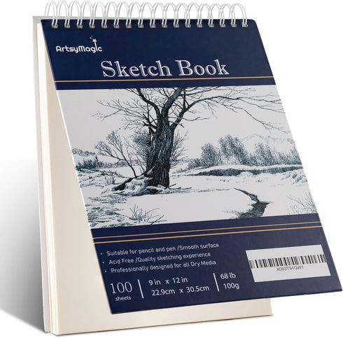 9 x 12 Sketch Book, Top Spiral Bound Sketch Pad, 100-Sheets (68lb/100gsm) Drawing Paper, Acid Free Art Sketchbook - Drawing Pad, Painting Writing ...