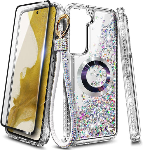 Designed for Samsung Galaxy S23 Magnetic Case for MagSafe with Tempered Glass Screen Protector, Camera Lens Protector/Wrist Strap Lanyard, Glitter...