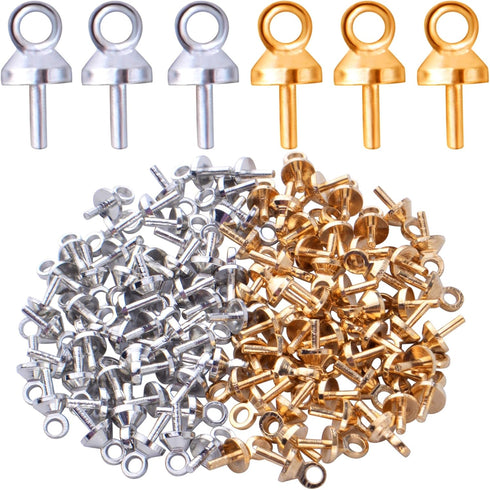 100pcs Brass Eye Pins Bail Caps, Cup Pearl Eye Pin Bail Peg Pendant Connector Cup Pearl Peg Bails for DIY Jewelry Making and Crafting, Gold and Si...