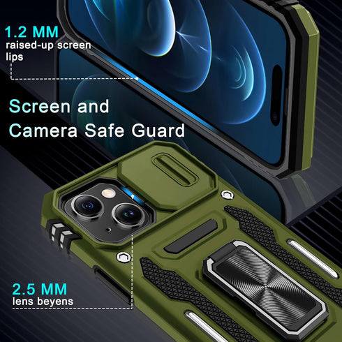 DEERLAMN for iPhone 15 Case with Slide Camera Cover + Screen Protector (2 Packs), Rotated Ring Kickstand Military Grade Shockproof Protective Cove...