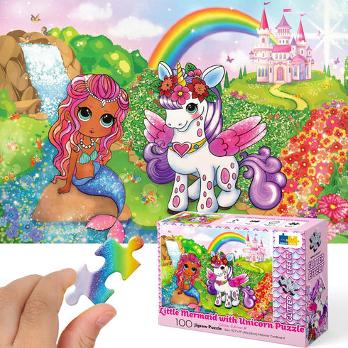 Marlo&Buzz 100-Piece Glitter Jigsaw: Unicorn and Mermaid Princess Puzzles Designed for Kids ages 4-8. Large Pieces for Little Hands, Easy Daily Fu...