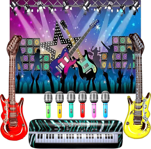 Inflatable Rock Star Toy Set 80s 90s Party Decorations Blow up Party Props Musical Instrument Include Inflatable Backdrop Banner, Microphone, Guit...