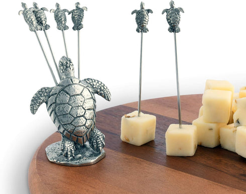 Vagabond House Pewter Sea Turtle Cheese Martini Olive Cocktail Stainless Steel Pick Set Skewer Fruit Toothpicks (6 picks in set) 4 inch Tall...