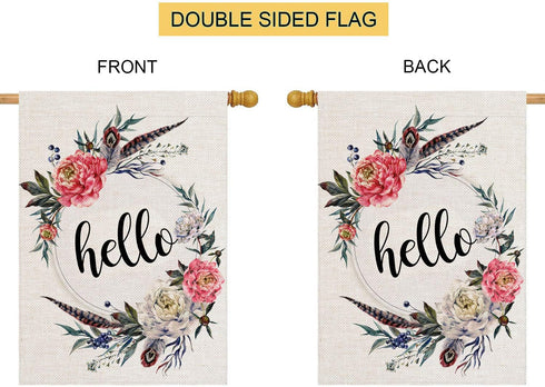 Hello Floral Wreath House Flag 28" x 40" Double Sided Burlap Welcome Large Yard Garden Flag Banners for Patio Lawn Home Outdoor Decor...