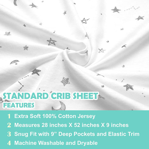 TL Care Fitted Crib Sheet 28" x 52", Soft Breathable Neutral 100% Cotton Jersey Sheet, Stars and Moons, for Boys and Girls, Fits Crib and Toddler ...