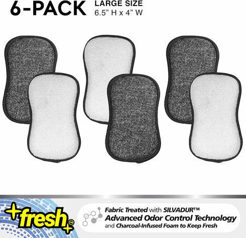 Fresh Large Professional Microfiber Scrub-N-Wipe Sponge Pads, Fabric Treated with SILVADUR Advanced Odor Control Technology and Charcoal-Infused F...