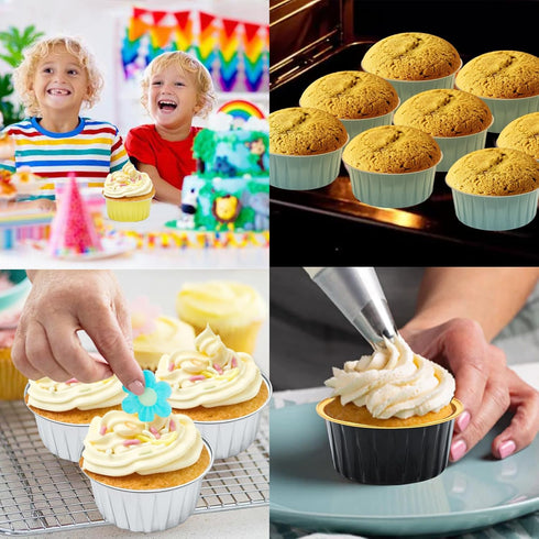 Disposable Ramekins, Gold 30pcs 5oz Mini Aluminium Foil Baking Cups with Lids Creme Brulee Cupcake Liners, Desert Cheesecake Pans Flan Molds for P...