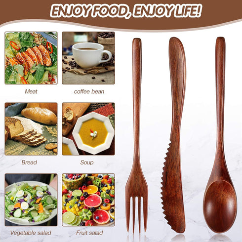 Geiserailie 12 Pcs Wooden Utensils for Eating Wooden Spoon Fork Knife Cutlery Set Kitchen Wood Dinner Flatware Tableware Set Includes Spoon, Fork,...