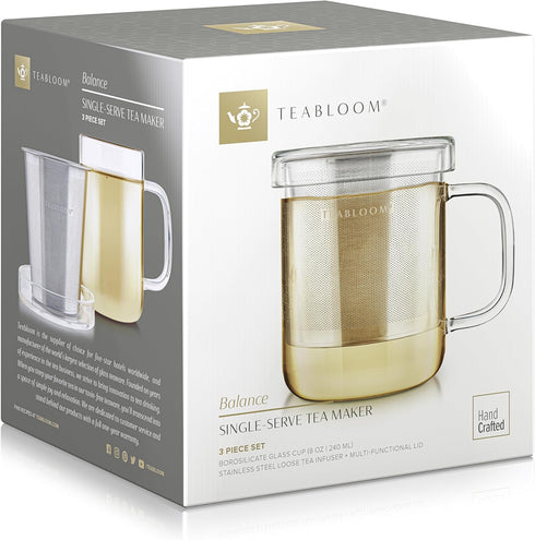 Teabloom Premium Borosilicate Glass Mug with Stainless Steel Loose Leaf Tea Infuser and Lid/Dish - 8 Ounces (240 mL)...