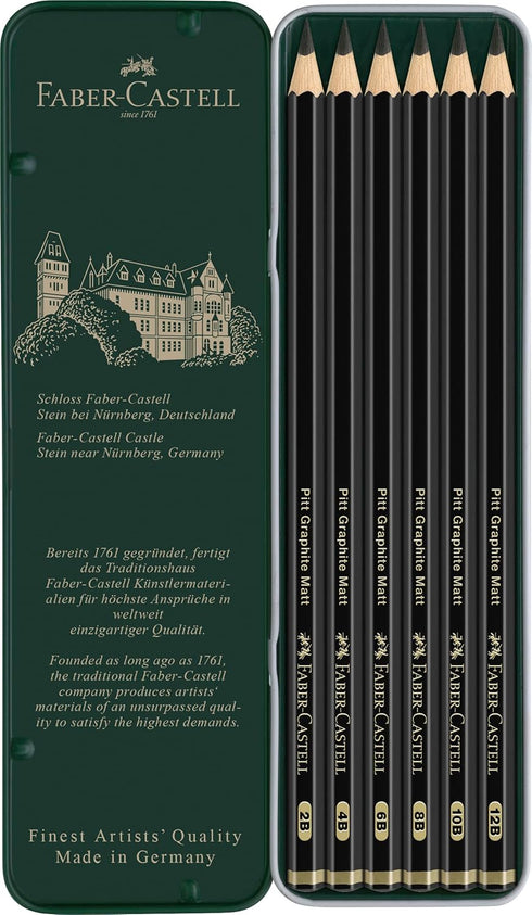 Faber-Castell Pitt Graphite Matte Pencil Set, Metal Tin of 6 Graphite Pencils, Sketching and Drawing Pencil Set (B, 4B, 6B, 8B, 10B, 12B)...