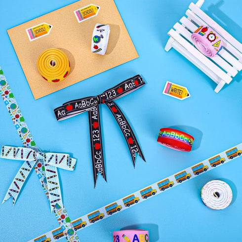 Whaline 12 Rolls Back to School Grosgrain Ribbon 60 Yards School Teacher Themed Wired Edge Ribbon School Bus Pencil Apple ABC Pattern Fabric Decor...