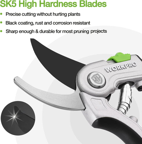 WORKPRO Bypass Pruning Shears, 8" Hand Pruners with Aluminum Handle, Stainless Steel & Sharp SK5 Blades, Professional Plant Snips Clippers for Flo...