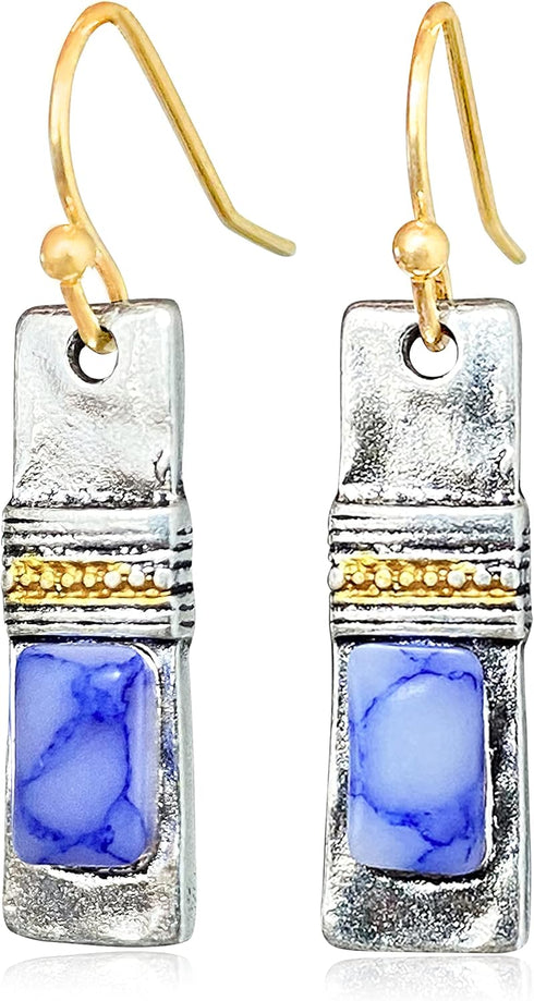 Unique Handmade Bohemian Enamel Vintage Matt Silver Bar Dangle Earrings Chic Round Blue Gemstone Geometric Square Drop Earrings for Women Statemen...